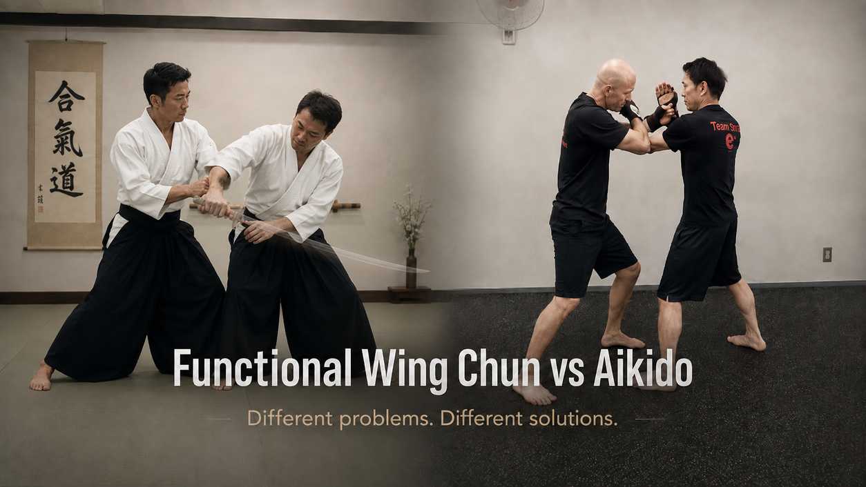 The pictures illustrates the Weapon Ghost of Aikido (long range) compared to me (to the 
right) applying short range techniques. FWC is trying to prevent the opponent from hurting you, aikido is trying to break out of a grab in order to use a weapon (that is no longer present)