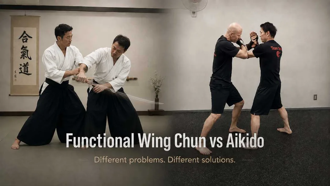The pictures illustrates the Weapon Ghost of Aikido (long range) compared to me (to the 
right) applying short range techniques. FWC is trying to prevent the opponent from hurting you, aikido is trying to break out of a grab in order to use a weapon (that is no longer present)